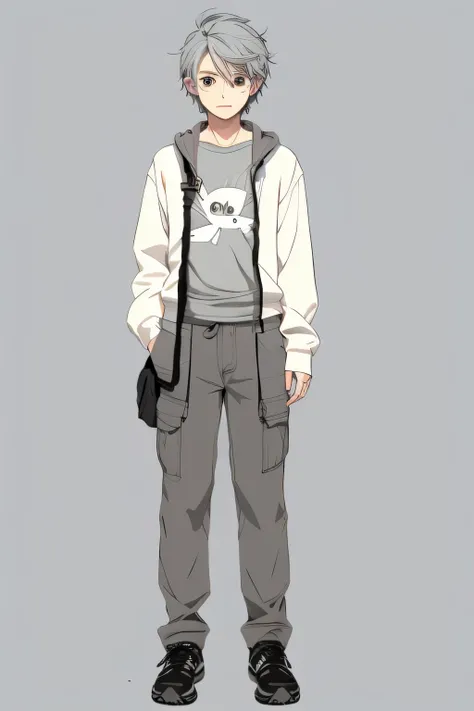 young,handsome man,anime,An illustration,cool,gray hair,whole body,Are standing,big eyes,cute