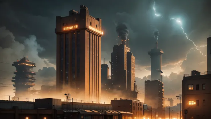 industrial city, surround with a wall, steampunk. There is an inn, Residential area, ((airship)) In the sky, City Gate, rusty and heavy, cigarette, cigarette突, factory, gear, mechanical, tall building, tower, power of steam, steam pipe, street light, (bird...