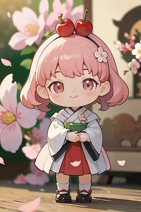 The doll standing in front of the painting、smile、baby face、rococo style、(Highly detailed characters)、Flowing cherry-colored silk、Cherry blossom petals、Flowing cherry blossom silk、Strong bokeh、season!!: 🌸 ☀ 🍂 ❄