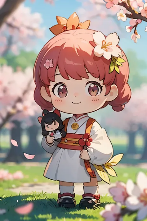 The doll standing in front of the painting、smile、baby face、rococo style、(Highly detailed characters)、Flowing cherry-colored silk、Cherry blossom petals、Flowing cherry blossom silk、Strong bokeh、season!!: 🌸 ☀ 🍂 ❄