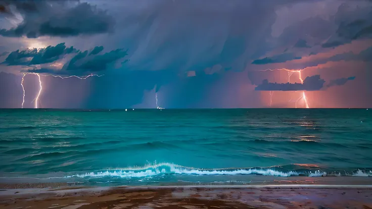 shocking thunderstorm at sea，beach，rainstorm，lightning，waves，dark clouds，realistic details, dynamic shadows, 32k resolution, 50m...