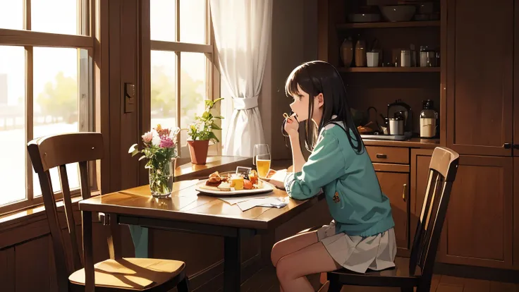 1 girl, alone, sitting, table, spoon, Pudding,, masterpiece, highest quality,