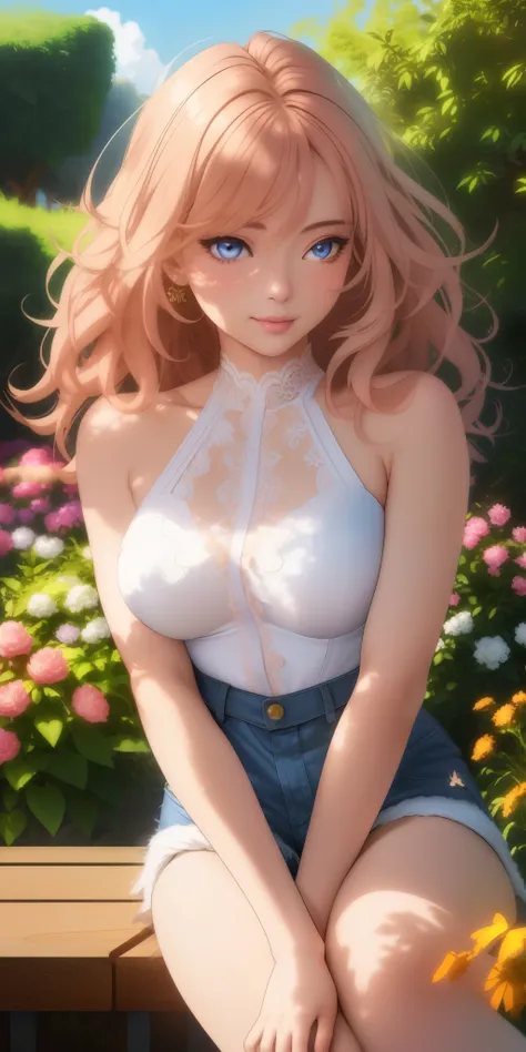 (((1Girl, medium breasts))), solo, (((short wavy, flowing hair color: 2.3, windblown))), perfect eyes, lace crop top, kawaii denim shorts and shorts, short strap, short, lace, (art, best quality; 1.3)), ultra detailed, wallpapers Unity wallpaper 8k wall, C...