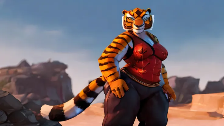 Sozinho, female, , Mestre Tigresa, colete vermelho, black pants, bunda em forma, cauda de tigre, vista traseira, (nervoso), Sorriso, standing, fundo do castelo, corpo todo, alta qualidade, 8k, 3d, estilo dreamworks