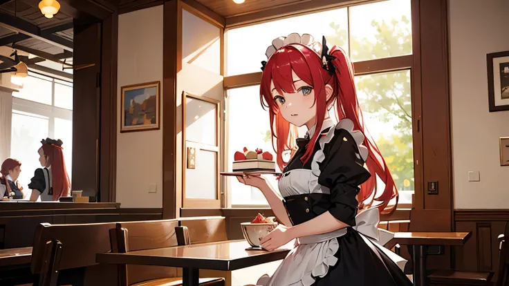 Publicity photo, The place is a coffee shop, 1 girl, 16 year old face, Waitress carrying cake to table, Red-haired twin-tailed, gentle features, Half-Gothic Lolita outfit and strawberry-inspired maid outfit, Dress in white,