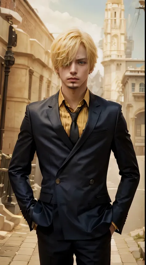 1man, sanji in anime one piece, short hair , yellow hair, black eyes, handsome, black clothes, realistic clothes, detail clothes...