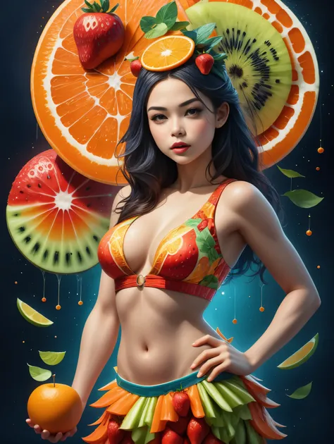 1 girl, alone, Imaginative depiction, Girl standing straight in casual pose, Body made of orange, watermelon, kiwi, Strawberries and other brightly colored fruit slices, A rainbow-like mosaic effect, The face is rich in detail，expressive, Elegantly present...