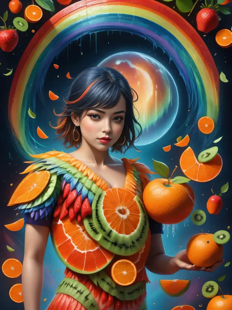 1 girl, alone, Imaginative depiction, Girl standing straight in casual pose, Body made of orange, watermelon, kiwi, Strawberries and other brightly colored fruit slices, A rainbow-like mosaic effect, The face is rich in detail，expressive, Elegantly present...