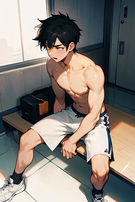 shirtless, super muscular, sweat-drenched body, dripping with sweat, 22-year old short black hair male wearing sweat-drenched white basketball shorts and rubber shoes, panting, very exhausted, drenched with sweat, sweating profusely, shirtless, sitting on ...