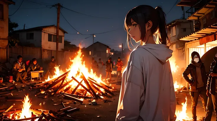 Bonfire, battlefield, Africa, slum, cool woman, ruins, wearing white hoodie, dirty figure, long black hair, ponytail, bullet holes, gunshot,
