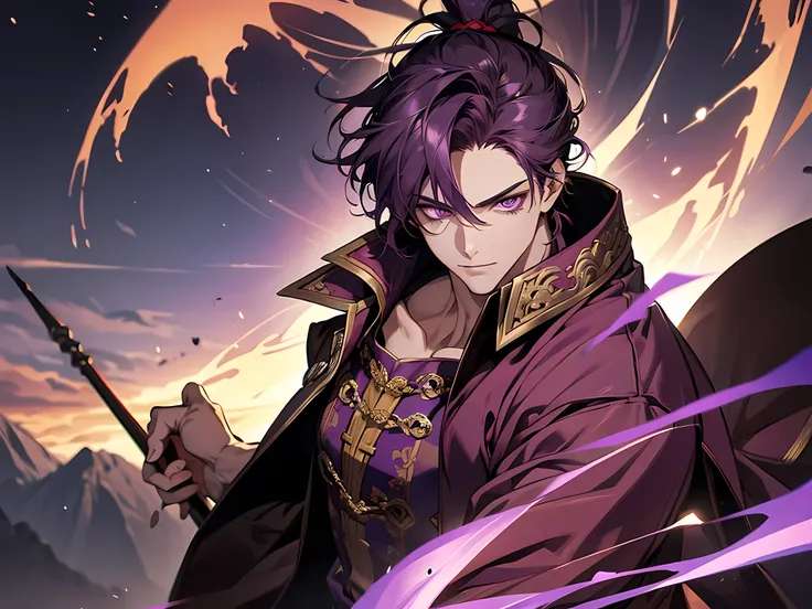 1 man, Tall guy, short dark purple hair, high ponytail, purple eyes, Monkey King clothes, open chest, battle staff, masterpiece, high quality