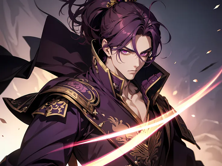 1 man, Tall guy, short dark purple hair, high ponytail, purple eyes, Monkey King clothes, open chest, battle staff, masterpiece, high quality, detailed face, detailed eyes, extremely detailed eyes