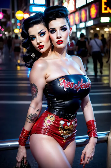 2heads, two-headed woman, age 24, gorgeous white girl, rockabilly fashion, pretty makeup, on the las vegas strip, four arms,