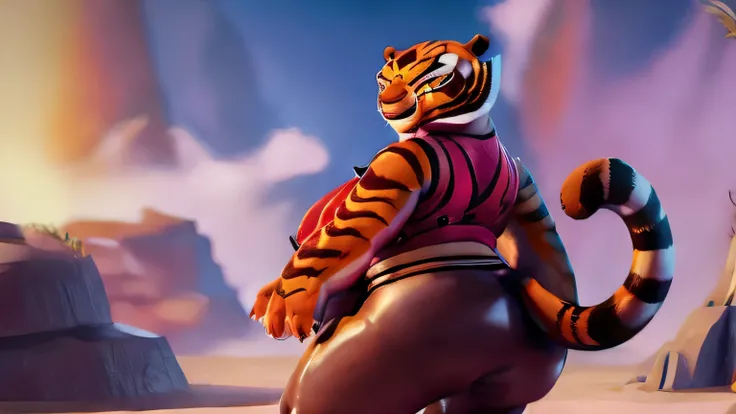 Sozinho, female, , Mestre Tigresa, colete vermelho, black pants, bunda em forma, cauda de tigre, vista traseira, (nervoso), Sorriso, standing, fundo do castelo, corpo todo, alta qualidade, 8k, 3d, estilo dreamworks, bbw, gordinha, pernas grandes, peitos en...