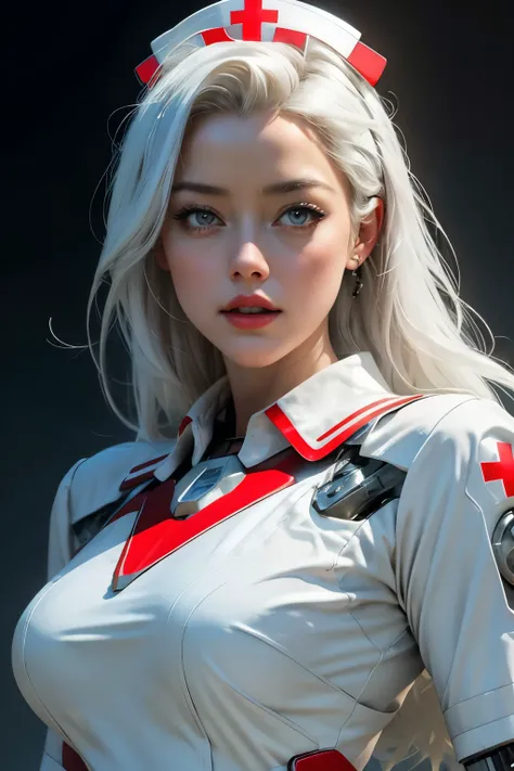 AMBER HEARD,When you were a young woman,She wears red lipstick,white hair,wear a dress ((White hi-tech nurse uniform)) ,she wears a collar,((cybernetic body)),In the future world,amazing night,sci fi,city at night,  realistic skin, incredible light, ultra ...