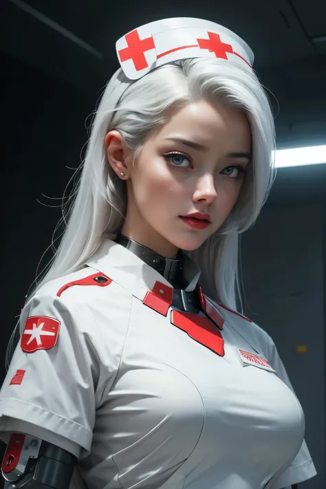 AMBER HEARD,When you were a young woman,She wears red lipstick,white hair,wear a dress ((White hi-tech nurse uniform)) ,she wears a collar,((cybernetic body)),In the future world,amazing night,sci fi,city at night,  realistic skin, incredible light, ultra ...