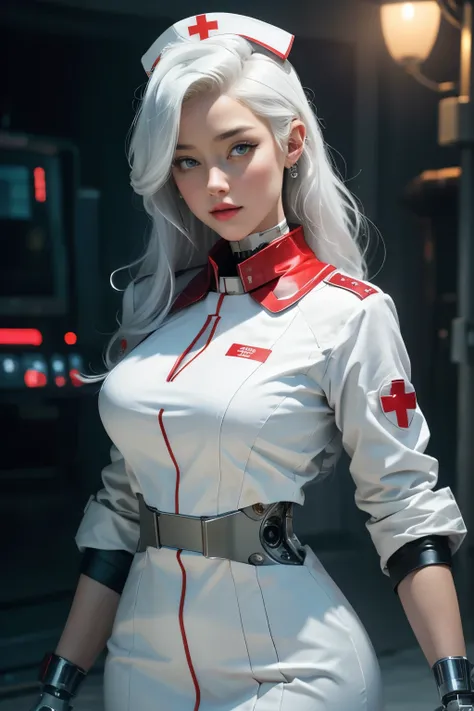 AMBER HEARD,When you were a young woman,She wears red lipstick,white hair,wear a dress ((White hi-tech nurse uniform)) ,she wears a collar,((cybernetic body)),In the future world,amazing night,sci fi,city at night,  realistic skin, incredible light, ultra ...