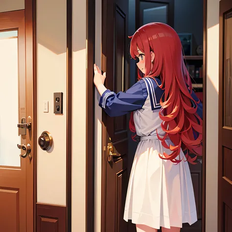 The girl with long curly red hair in sailor uniform opened the wooden door and turned her back to the camera in panic.