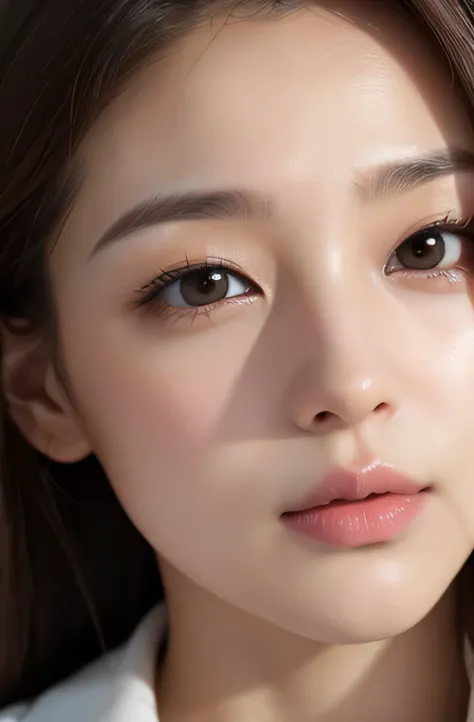 image of one woman、brown eyes、close up of face、smooth skin、Amazingly cute face、actresasterpiece、highest quality、8k photo、（close ~ eye）excited expression、wistful look、please open your mouth wide、(wrinkles at the corners of the eye:1.1),28 year old female、Pl...