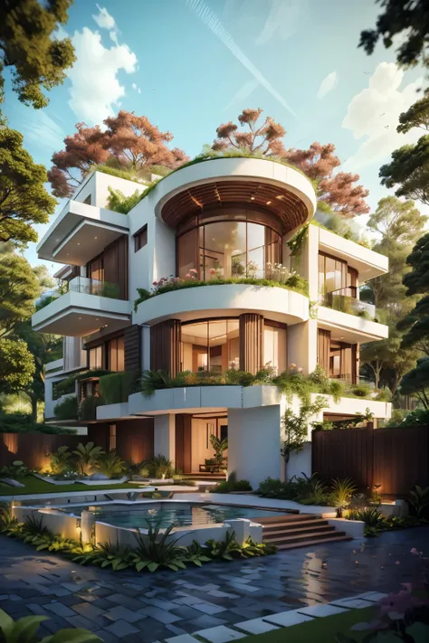 Amidst the breathtaking expanse of a lush, flourishing garden lies a futuristic abode, radiating beauty and advanced design. Surrounded by an array of vibrant blossoms and verdant foliage, this home stands as a testament to a harmonious marriage between na...