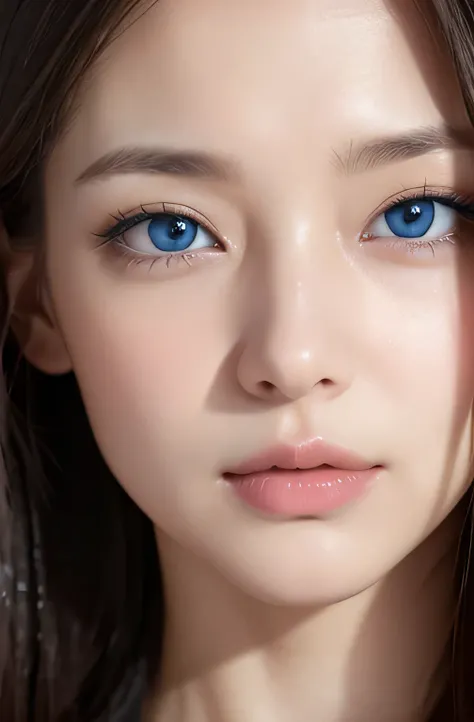 image of one woman、blue eyes、close up of face、smooth skin、Amazingly cute face、actresasterpiece、highest quality、8k photo、（close ~ eye）excited expression、wistful look、mouth wide open、(wrinkles at the corners of the eye:1.1),28 year old female、Please bring yo...