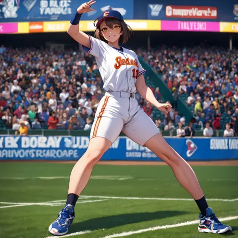 a woman wearing a baseball uniform, in a baseball stadium with baseball players, short brown hair, yellow eyes, smiling, lightin...