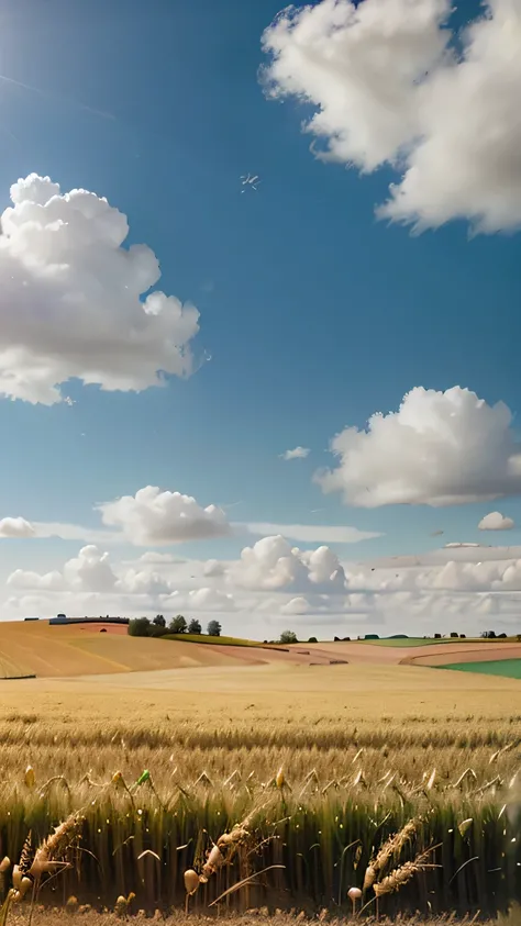 Wheat fields in spring，The ears of wheat are plump，Blue sky and white clouds in the distance，Cinematic effects，Realistic style