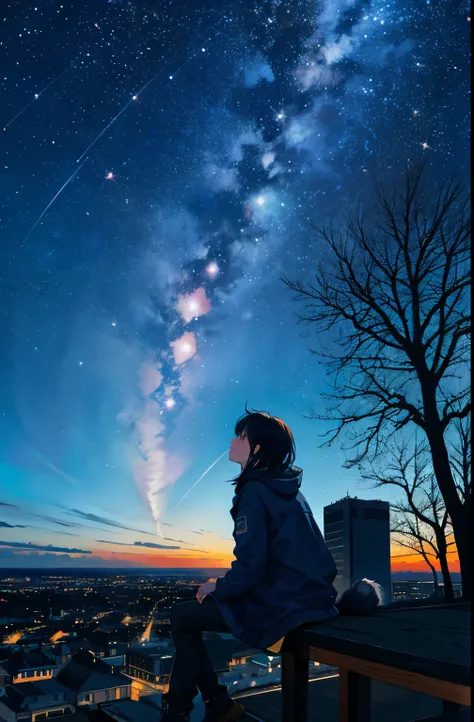 octans, sky, star (sky), scenery, starry sky, night, 1girl, night sky, solo, outdoors, building, cloud, milky way, sitting, tree, wolf hair, country town, silhouette, cityscape