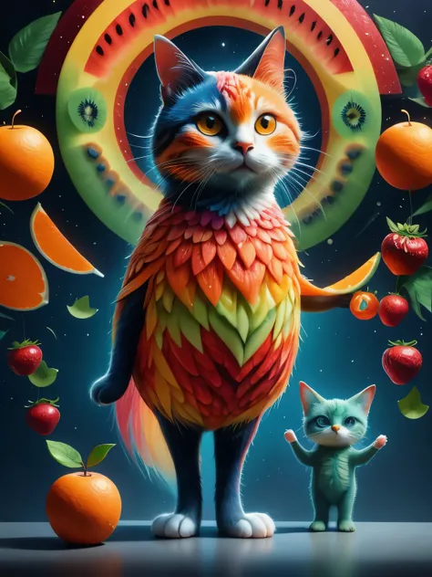 1 cat，personification, alone, Imaginative depiction, Kitten standing upright in a casual pose, Body made of orange, watermelon, kiwi, Strawberries and other brightly colored fruit slices, A rainbow-like mosaic effect, The face is rich in detail，expressive,...