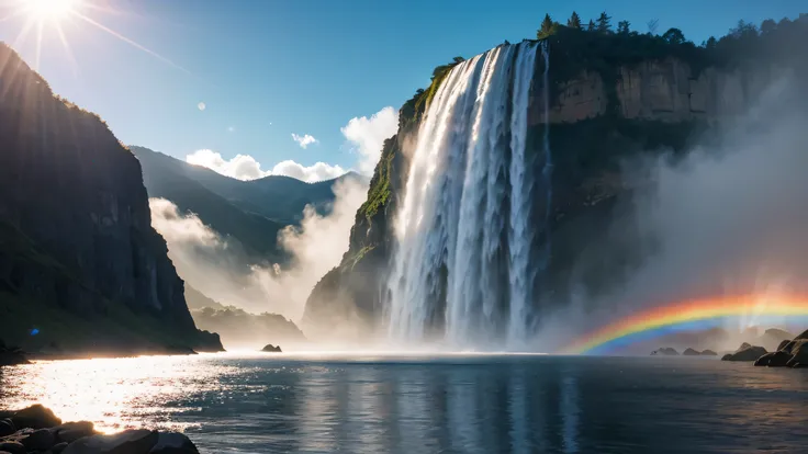 low angle view，shrouded in mist，There is a huge waterfall on the towering mountain，water vapor rising，rainbow，Sun glare spots，realistic raytracing，True light reflection，Real light refraction，Ultra-fine，Surreal，Super dreamy，Extreme depiction，8K，masterpiece，