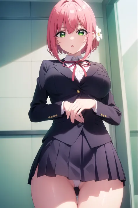 hakarihanazono, hakari hanazono, short hair, hair ornament, (green eyes:1.5), pink hair, flower, hair flower, hair between eyes, sidelocks, open mouth, (big breasts:1.2), (slender:1.6), (slim hips:1.6), 
BREAK (micro mini skirt:1.2), (blazer:1.2), (tight s...