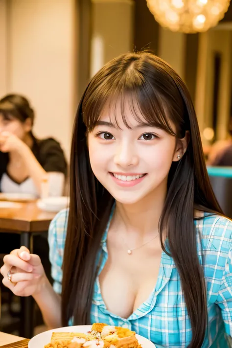 A 20-year-old woman with a cute idol-like face who looks like a 15-year-old.　Gentle and cute　Please smile kindly　I can see the cleavage　Cute clothes for a young girl　Medium size bust　Eating a delicious looking parfait in the dining room　Raw photo　real　genu...