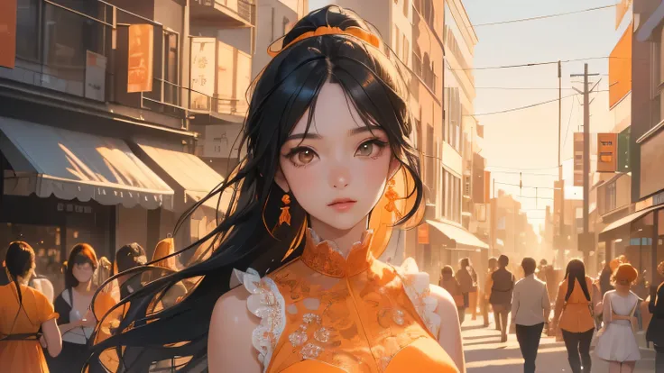 a woman posing on the street corner with light Japanese anime style, orange dress on, top quality, high resolution, 8K, 1 girl, (huge breasts), h day, bright, outdoor, (street:0.8), ( people, crowd: 1), (lace trim dress: 1.5, pale orange dress: 1.5, orange...