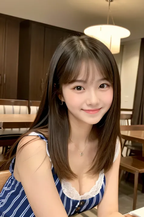 A 20-year-old woman with a cute idol-like face who looks like a 15-year-old.　Gentle and cute　Please smile kindly　I can see the cleavage　Cute clothes for a young girl　Medium size bust　Toasting in the evening dining room　Raw photo　real　genuine　High definitio...