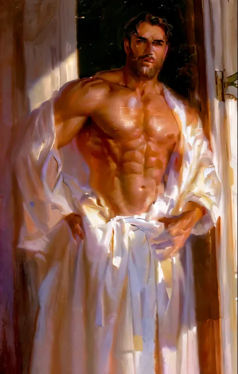 painting of a man in a robe standing in a doorway, clad in robes, in robes, dressed in a robe, strong and imposing, male art, fully clothed. painting of sexy, muscular male, tall and muscular, covered in robes, super buff and cool, shirtless :: high detail...