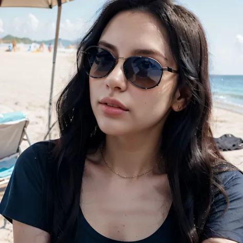 Woman with long natural black hair, upper bpdy,  (Hultra detailed skin, best quality), (dark blue Mens formal T-shirt), ((Black sunglasses)), Natural makeup, (traits similar to those of lana rhoades), selfie, perfect skin, closeup, on the beach