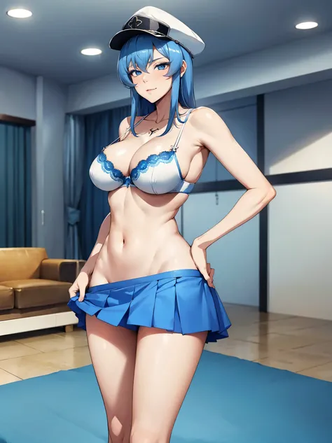 1 girl with blue hair, blue eyes, blue eyelashes, white bra, short white mini skirt, wearing captains hat, big breasts, posing sexy, bare legs, in a room