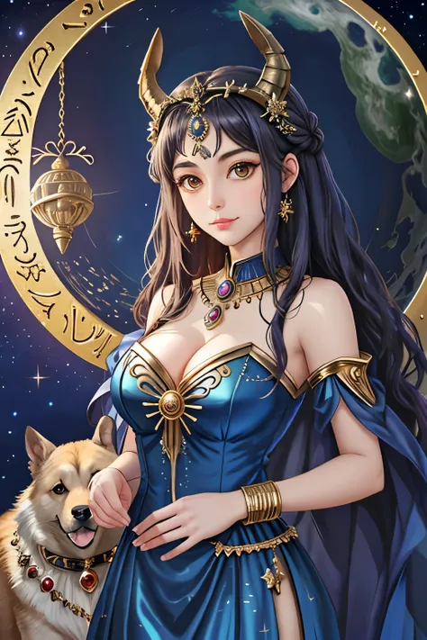 a woman with horns and a dress holding two dogs, airmax12, egyptian art by Andrée Ruellan, trending on cgsociety, fantasy art, jen bartel, goddess art, cosmic goddess, ancient goddess, celestial goddess, hecate goddess, moon goddess, art contest winner on ...