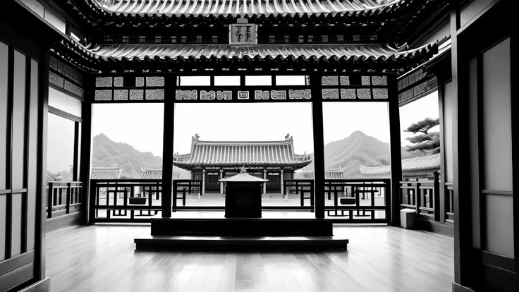 Chinese family ancestral hall，3 people，Sky，worship heaven and earth，black and white，Ink，temple，temple，ancient building