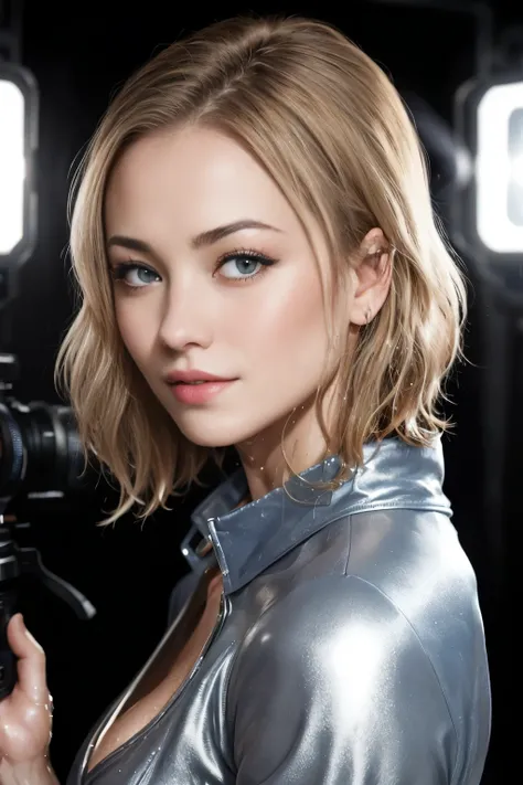 Photo of Yvonne Strahovski in a fur suit, solo, blue eyes, Reverse bob haircut, sparkly skin, wet skin, shiny glossy skin, glossy skin, oilly skin, Headshot on black background, warm atmosphere, a  photo of a, photoshooting, Shot with a Panavision Panaflex...