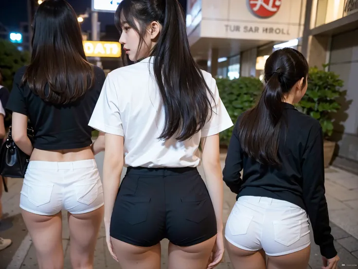 8K), (highest quality: 1.2), (realistic), (realistic: 1.37), ultra high resolution, (4 girls),(straight black hair), Giant Dulcefo, self snap,(school uniform),(White very small hot pants),Standing in the city at night, whole body,long legs,beautiful feet,F...