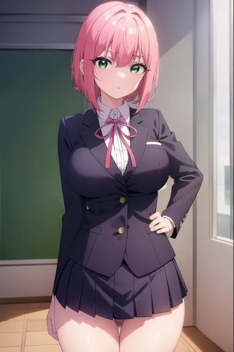 hakarihanazono, hakari hanazono, short hair, hair ornament, (green eyes:1.5), pink hair, flower, hair flower, hair between eyes, sidelocks, open mouth, (big breasts:1.2), (slender:1.6), (slim hips:1.6), 
BREAK (micro mini skirt:1.2), (blazer:1.2), (tight s...