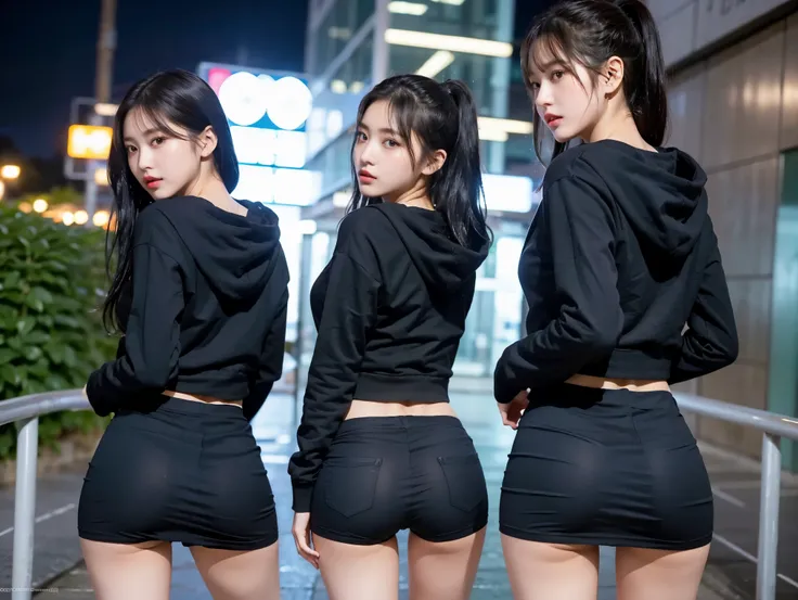 8K), (highest quality: 1.2), (realistic), (realistic: 1.37), ultra high resolution, (3 girls),(straight black hair), Giant Dulcefo, self snap,(school uniform),(black hoodie),(White hot pants),Standing in the city at night, whole body,long legs,beautiful fe...