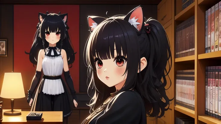 (obra maestra, Mejor calidad), 1 chica, ,((long hair slightly wavy slightly past the shoulders, black bangs, small black pigtails on the sides, cute cat ears, beautiful thin red eyes,)),, pechos talla G,  jugando videojuego, Interfaz de juego RPG en TV, li...