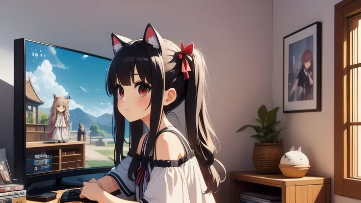 (obra maestra, Mejor calidad), 1 chica, ,((long hair slightly wavy slightly past the shoulders, black bangs, small black pigtails on the sides, cute cat ears, beautiful thin red eyes,)),, pechos talla G,  jugando videojuego, Interfaz de juego RPG en TV, li...