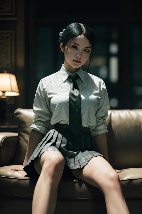 (masterpiece), (extremely intricate:1.3), (realistic), portrait of a girl, dark fantasy, gore, (dynamic perspective), the most beautiful in the world, sitting on the couch, kicking viewers, legs apart, indoors, from below, shirt, tie, pleated skirt, high-h...