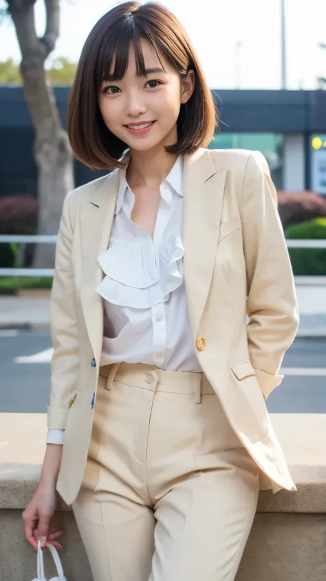 Best-quality, Masterpiece, Ultra-High-Resolution, (Photorealistic:1.4), Raw-Photo, 1girl, the most famous Japanese idol, (((beige tailored-jacket over white frilly-blouse, beige slacks, white platform-sneakers))), fullbody-shot, standing at Japanese univer...