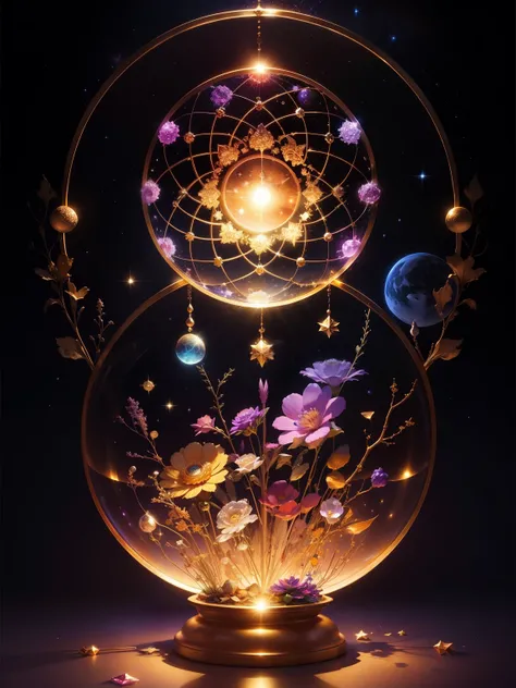 Crystal colorful flowers, magic, dream Catcher, universe , space, floating, moonlight, magic kanote gold  crystal pot,，Sun, moon and stars，galaxy，moon，Buddha&#39;s light，dharma，Staff，magnificent，atmosphere，sea，Majestic