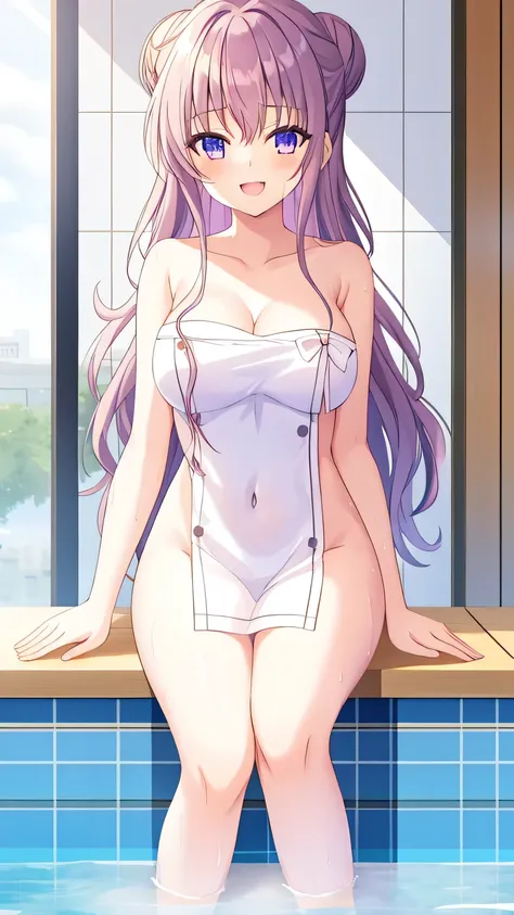 1 girl, breasts,  murasaki_shion,nude,  blush, bath, bathtub, purple_eyes, navel, bangs, smile, looking_at_another, shared_bathi...