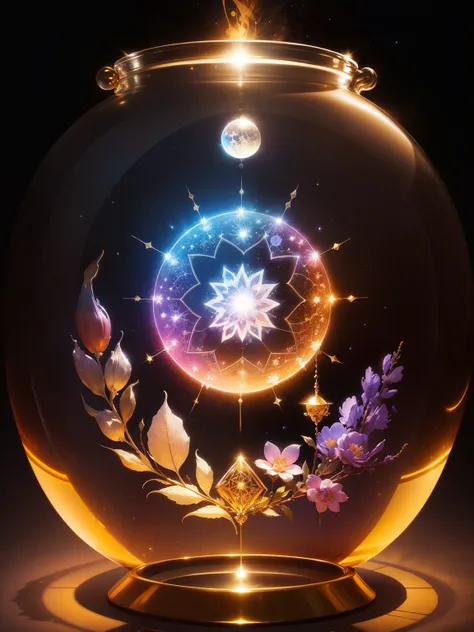 Crystal colorful flowers, magic, dream Catcher, universe , space, floating, moonlight, magic kanote gold  crystal pot,，Sun, moon and stars，galaxy，moon，Buddha&#39;s light，dharma，Staff，magnificent，atmosphere